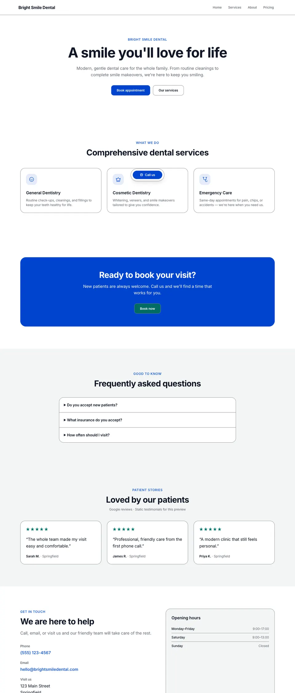 Dental clinic template: Bright Smile Dental home page