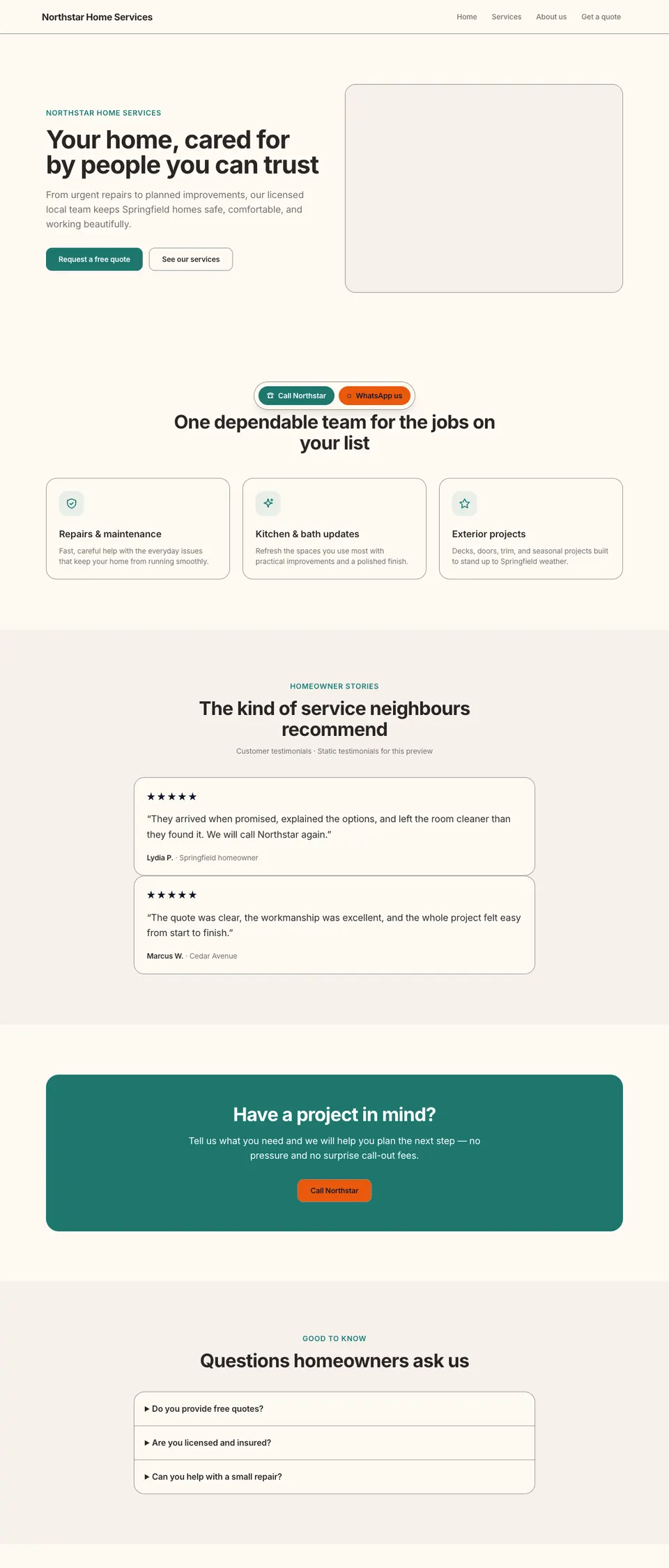 Home services template: Northstar home page