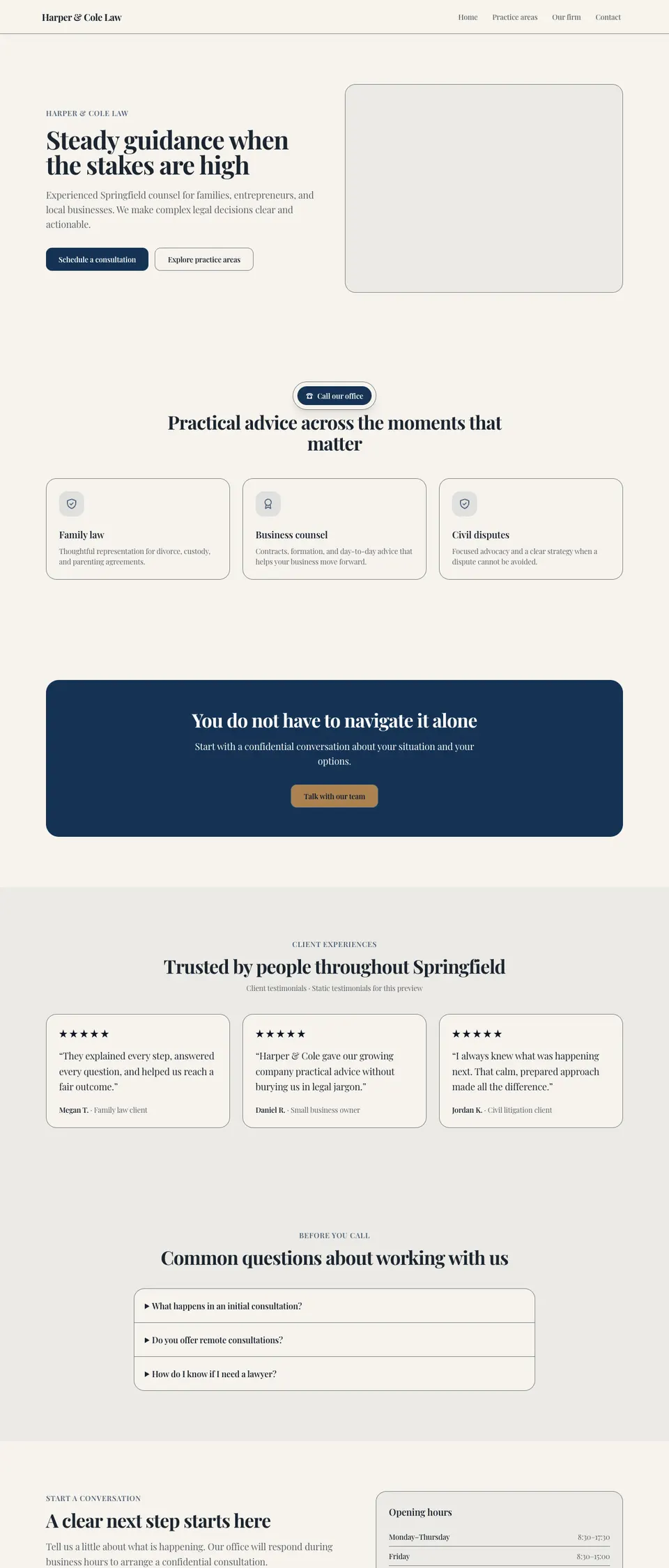 Law firm template: Harper & Cole home page
